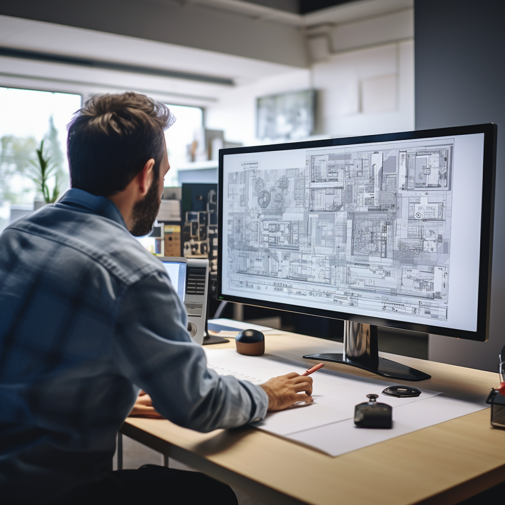 man working on laptop checking a design plan