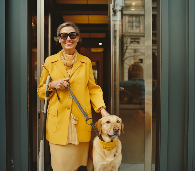 smiling blind woman with assistant dog