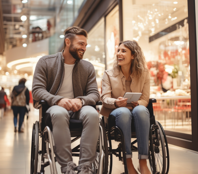 a woman and a man in a shopping mall, they are both wheelchair users