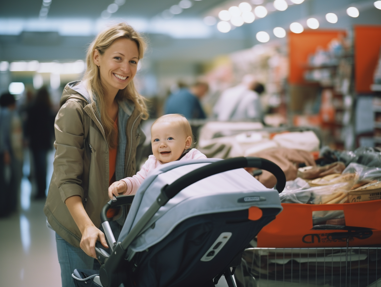 Mother and a baby in baby stroller