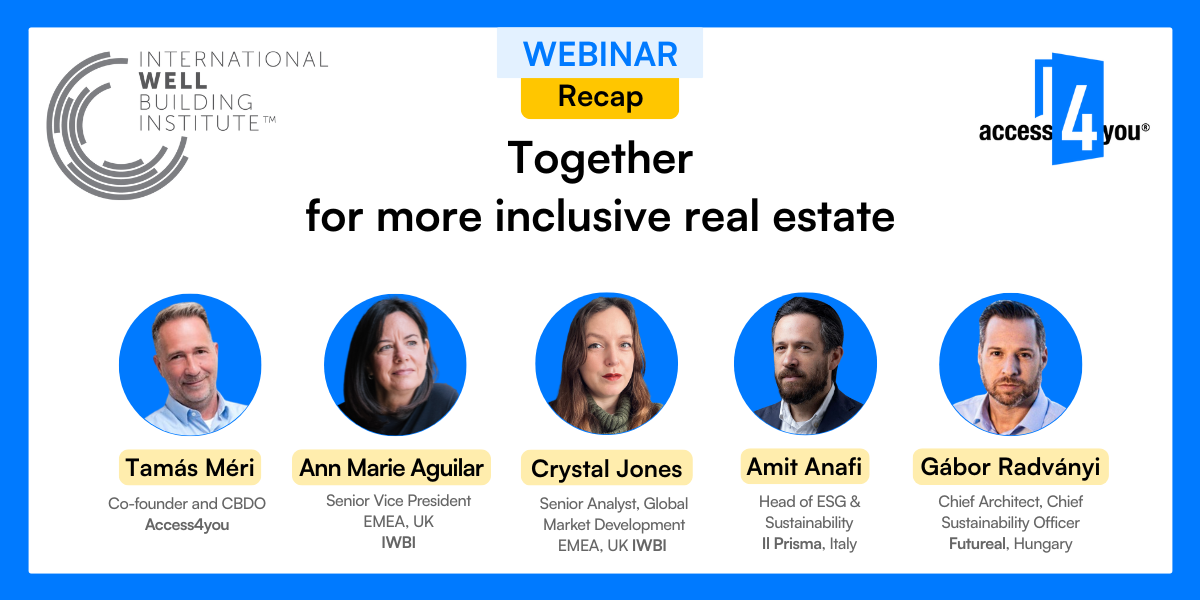 Webinar recap image titled “Together for more inclusive real estate,” featuring speakers Tamás Méri, Ann Marie Aguilar, Kristen Janousek, Amit Anafi, and Gábor Radványi, with logos of the International WELL Building Institute and Access4you.